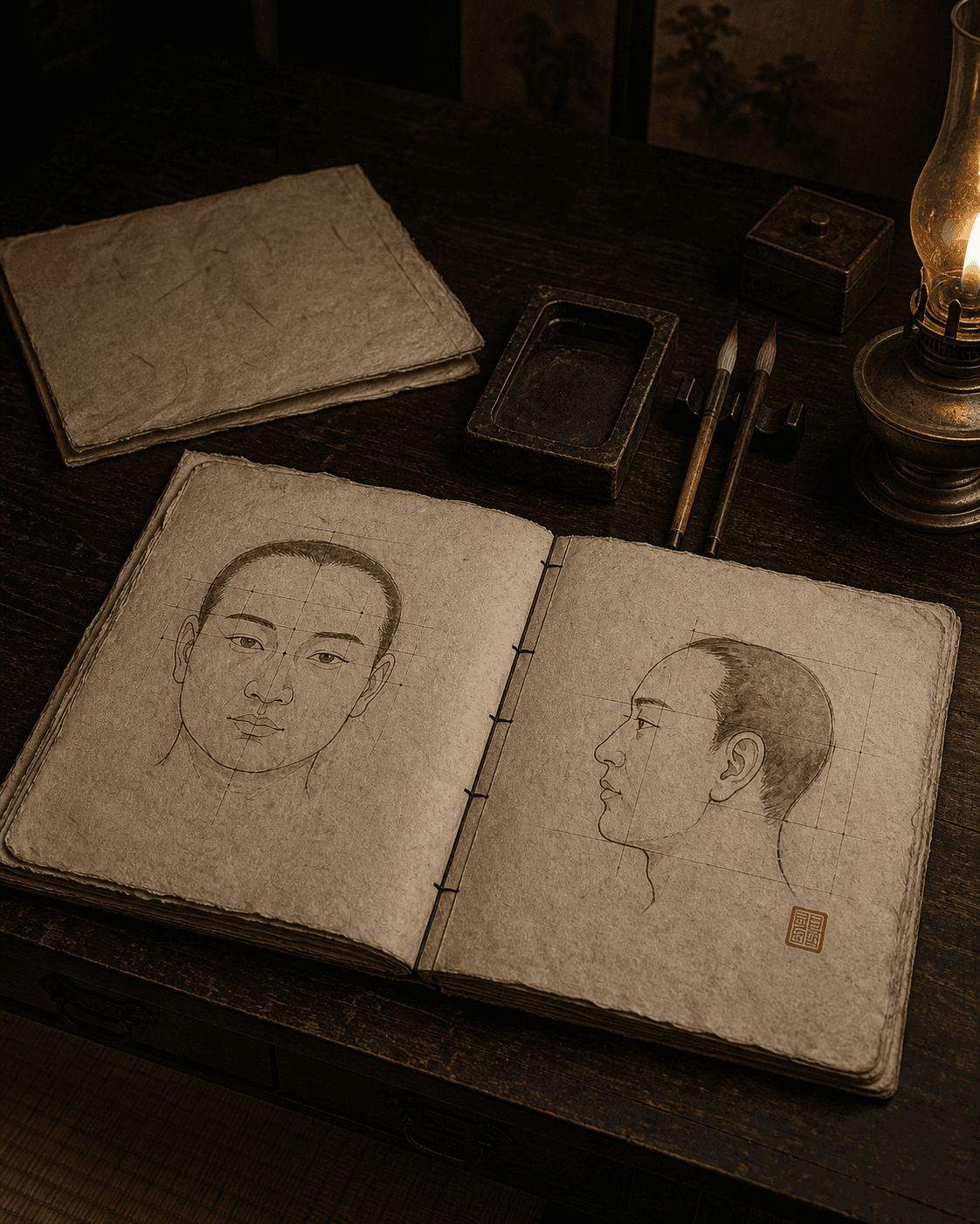 조선시대 목재 책상 위에 펼쳐진 한지 관상첩