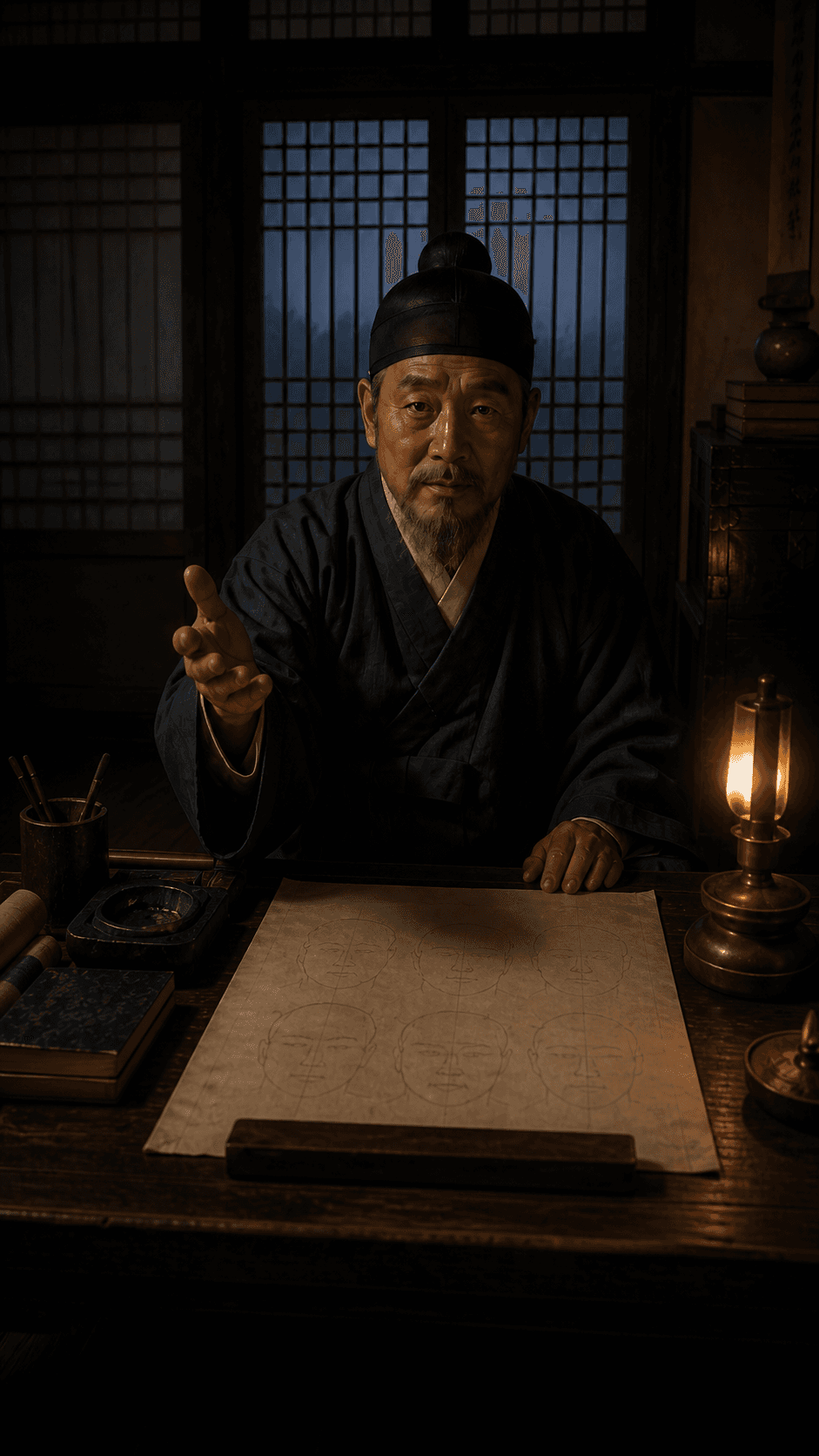 조선시대 사랑방에서 관상가가 방문객을 맞이하는 장면